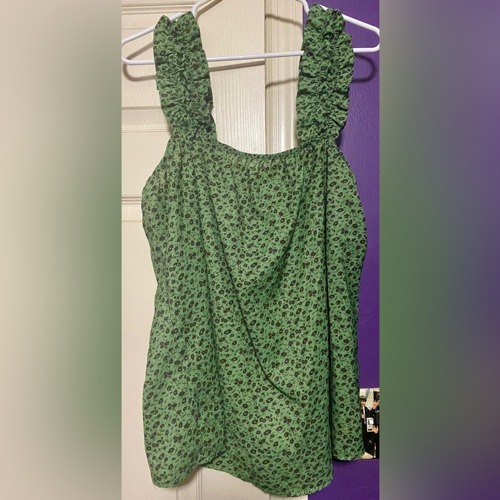 Floral Green Women's Top With Ruffled Shoulders